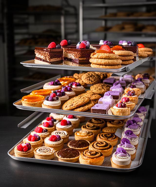 Bandejas surtidas de tartas, cookies y petit fours preparadas para un pedido profesional en Murcia