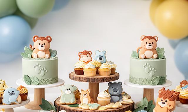 Mesa dulce de animalitos con dos smash cakes para el primer cumpleaños de mellizos